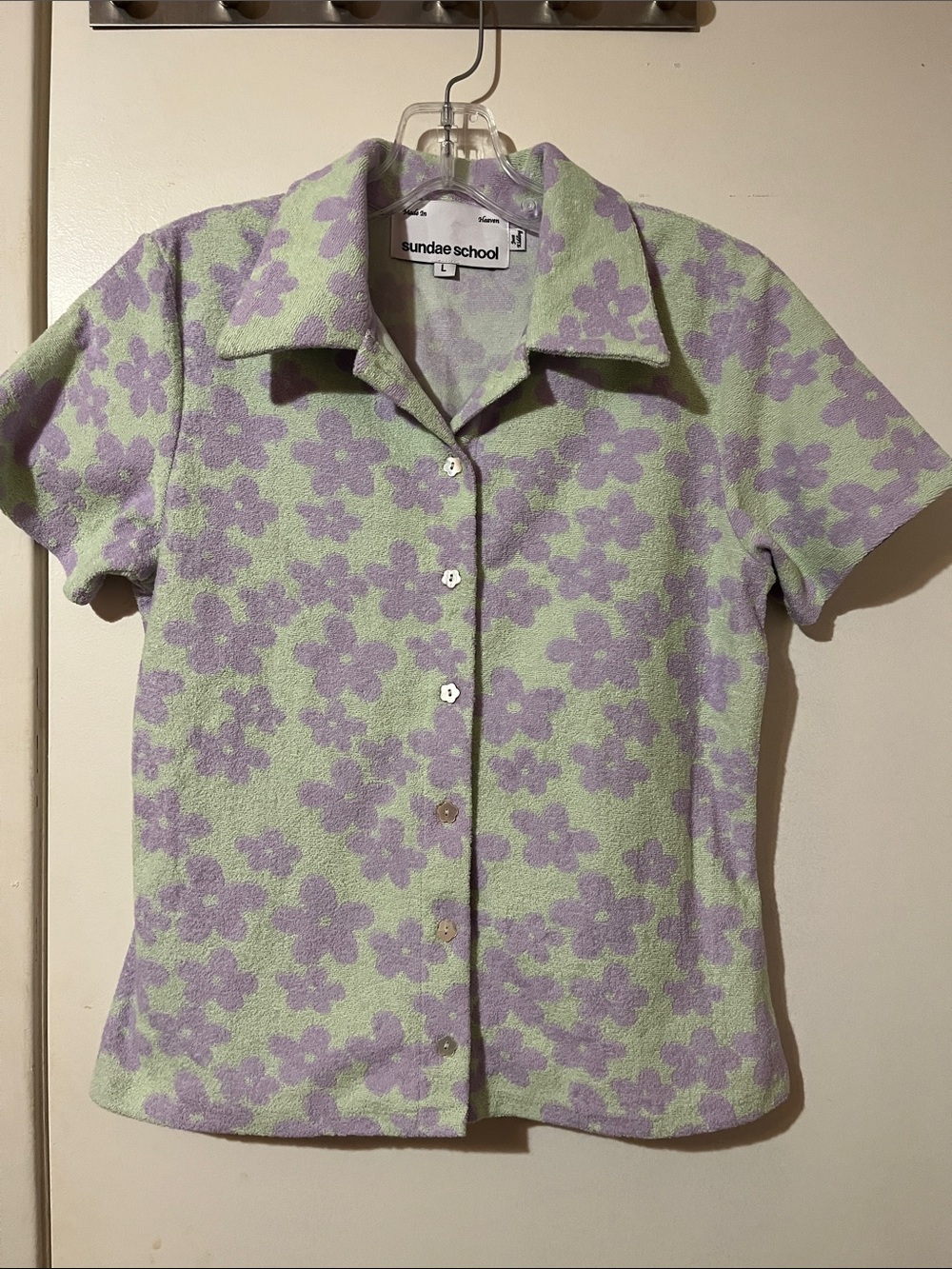 Sundae School Lilac Floral Short Sleeve Button-Down Top size L